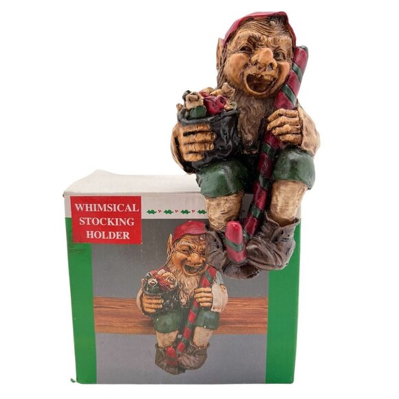 Whimsical Elf Santa Stocking Holder Christmas Decoration With Candy Cane & Gift - Picture 1 of 10